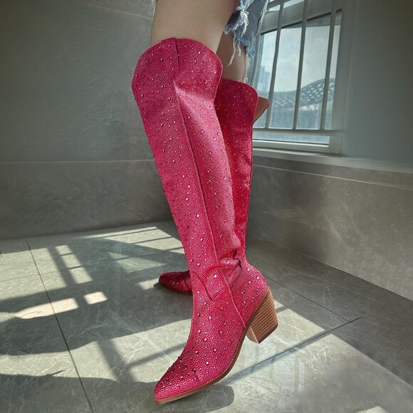 Ronilurn Women Hot Pink Rhinestone Pointed Toe Cowgirl Boot Pull On Side Zipper - Picture 9 of 9